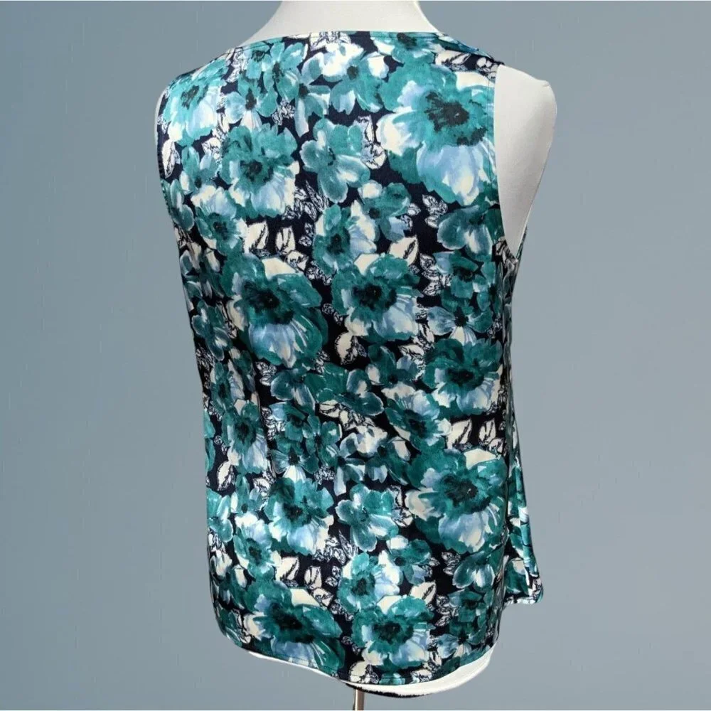 Ann Taylor Loft petite turquoise sleeveless cowl neck floral spandex blouse PS - Picture 5 of 10